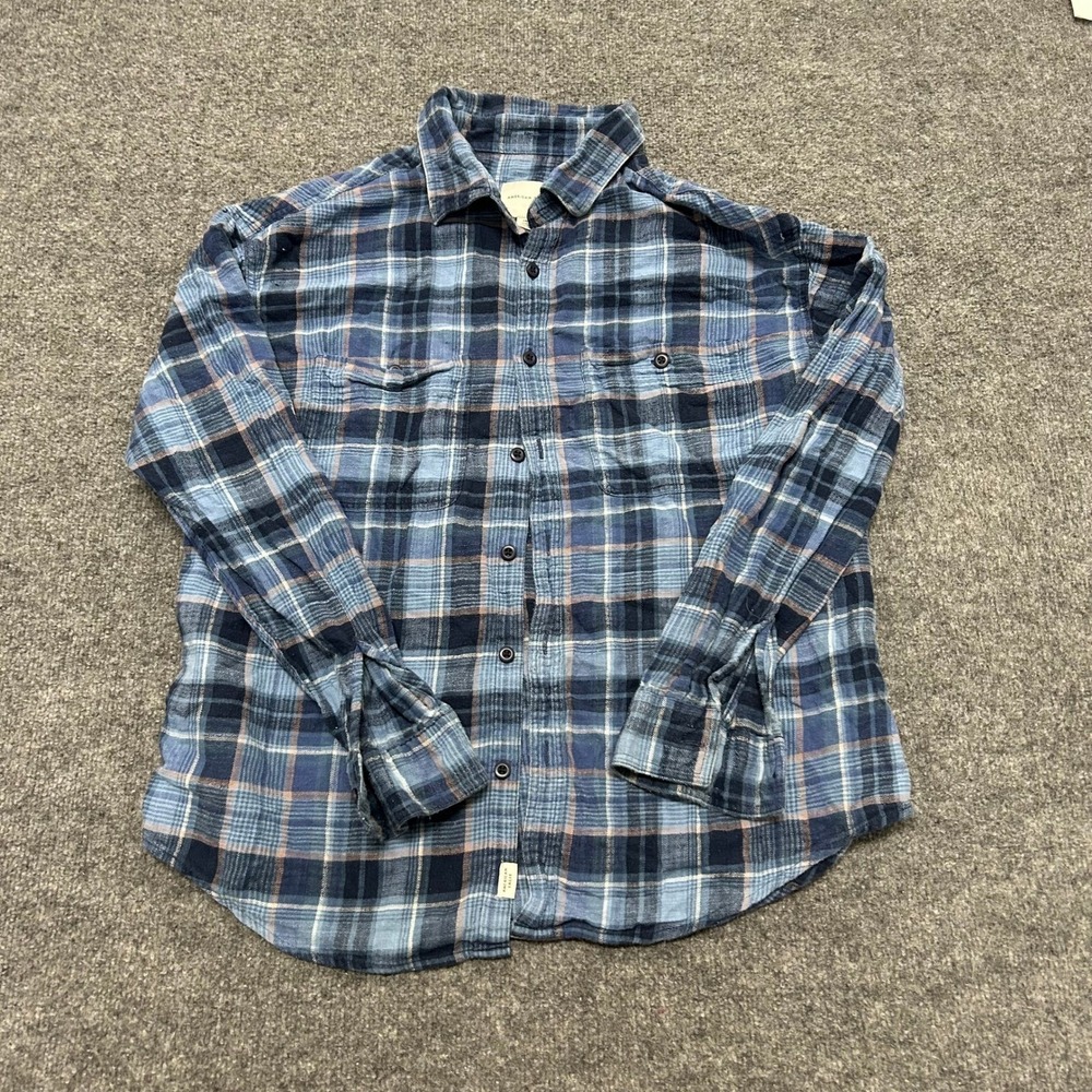 American Eagle Shirt Womens Size L Blue Plaid Flannel Long Sleeve Cotton Casual